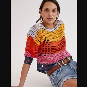 Maeve by Anthropologie Striped Poncho Crocheted One Size Pullover